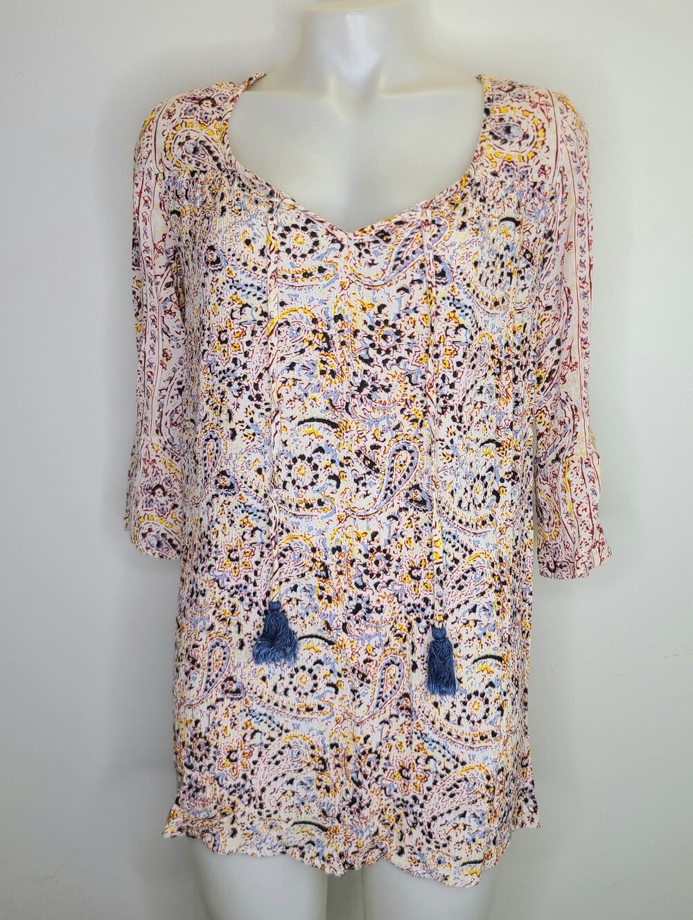 Billabong Paisley Print Tassel Tunic Top Shift Dress White Rayon XS Small - Picture 2 of 15